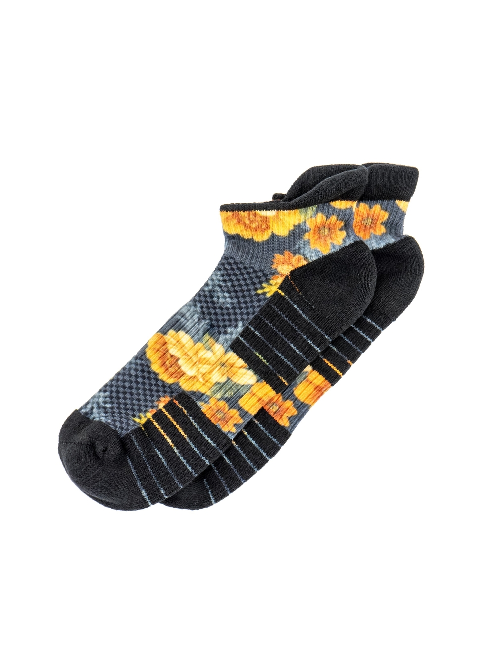 WoMen's Black Ankle Compression Socks with Yellow Floral Pattern